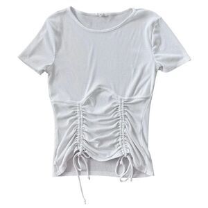 S.C. Society Top White Ribbed Ruched Tie Short Sleeve Womens S